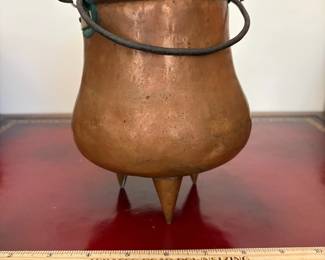 J9 - $30. Small Antique Hand Hammered Copper Pot. Tri-legged "Belgium" Stamped on the bottom.