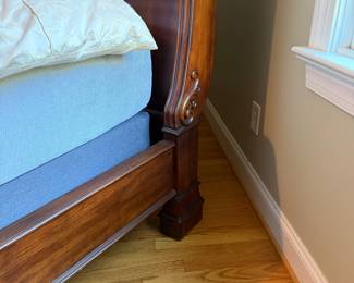 J132 - $350. King Sleigh Bed by Pulaski Furniture. Clean Mattress & Box Spring included if you want them! Measures 81" W x 88" L x 62" Tall.