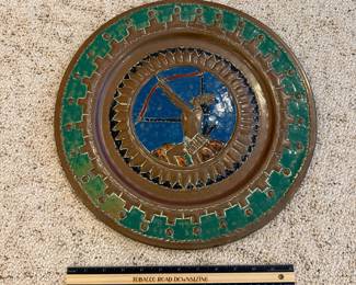 J117 - $30. Painted Copper Tray. Measures 15" Diameter.