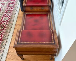 J160 - $150. Vintage Double-Sided Captain's or Partners" Bench Table with Leather Tops. Measures 45.5" W x 21.5" D x 19.75" Tall.