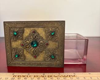 J7 - $80. E & JB Empire Art Gold Tone Jeweled Trinket Box with Jeweled Lid and Pink Glass Bottom.
