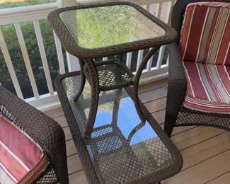 J143 - $125. 4 Piece Set. Patio Chairs measure 30" x 33" 35" tall. Rectangle Table is 42.5" x 21.5" x 16" tall. Square Table is 21" square x 23.5" tall. Has been used on a covered screened in porch.