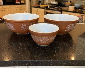 J196 - $55. 3 Piece Pyrex Woodland Bowl Set. 1 - 750 ml. 2 - 2.5 l. There are scratches inside from utensils.