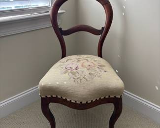J51 - $40. Balloon Back Carved Wood Chair with Needlepoint Measures 18" W x 17" D x floor to seat 17" x 34" Tall.