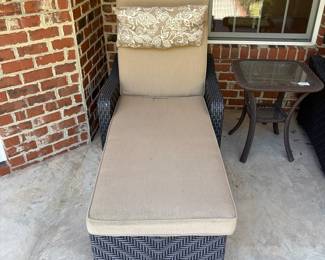 J167 - $225. Pair of Lounge Chairs with Sunbrella Cushions. Chairs are in Great Condition! Cushions are weathered. Each measures 30.5" W x 64" Long x 47" Tall. Adjustable Backs.