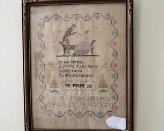 J48 - $125. 1928 Framed Needle Point Sampler. Measures 14.5" x 18.5".