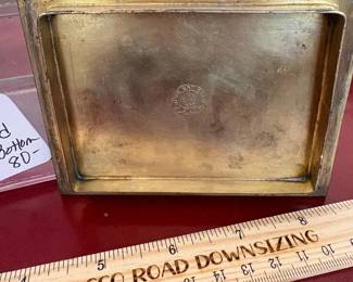 J7 - $80. E & JB Empire Art Gold Tone Jeweled Trinket Box with Jeweled Lid and Pink Glass Bottom.