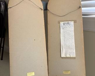 J54 - $60. Pair of Vintage Antique Framed Brass Rubbings From a Church in Warwickshire. Measures 8.5" W x 21.25" Tall.