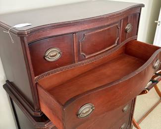 J45 - $125. Federal Style Bow-front Highboy Dresser with Brass Hardware. Measures 36" W x 18" D x 51" Tall.