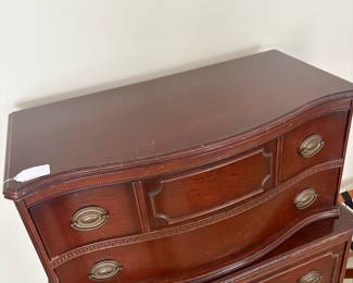 J45 - $125. Federal Style Bow-front Highboy Dresser with Brass Hardware. Measures 36" W x 18" D x 51" Tall.