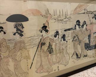 J139 - $75. Japanese Print "Festive Procession of a Noble Family” On Paper. Measures 53.5” W x 20” Tall.