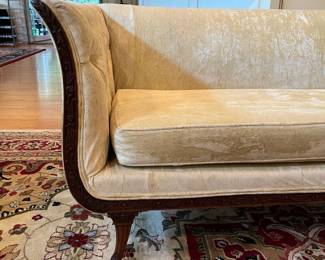 J138 - $175. French 19th Century Neo-Classical Mahogany Velvet Upholstered Couch. Measures 77.75” W x 32” W x 30” Tall.