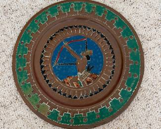 J117 - $30. Painted Copper Tray. Measures 15" Diameter.