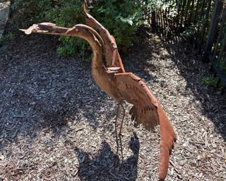 J66 - $60. Metal Crane & Fish Garden Sculpture. Measures 54.5" W x 21" D x 34" Tall.