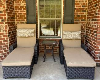 J167 - $225. Pair of Lounge Chairs with Sunbrella Cushions. Chairs are in Great Condition! Cushions are weathered. Each measures 30.5" W x 64" Long x 47" Tall. Adjustable Backs.