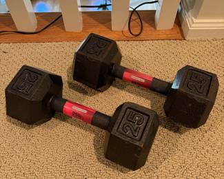 J100 - $15. Pair of Hex 25 lb Iron Dumbbells.