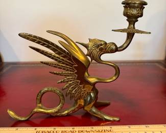 J30 - $80. Pair of Solid Brass Dragon Griffin Candle Stick Holders.