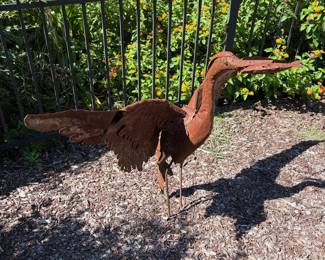 J66 - $60. Metal Crane & Fish Garden Sculpture. Measures 54.5" W x 21" D x 34" Tall.