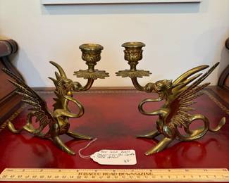 J30 - $80. Pair of Solid Brass Dragon Griffin Candle Stick Holders.
