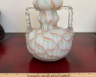 J11 - $25. Vintage Victorian Herringbone Satin Art Glass Vase. Chips on the top and bottom of one handle.