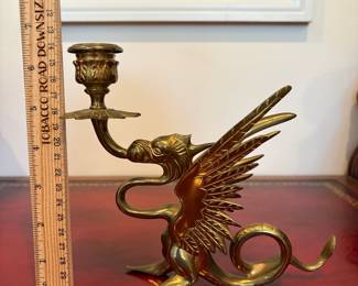 J30 - $80. Pair of Solid Brass Dragon Griffin Candle Stick Holders.