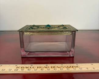 J7 - $80. E & JB Empire Art Gold Tone Jeweled Trinket Box with Jeweled Lid and Pink Glass Bottom.