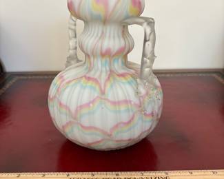 J11 - $25. Vintage Victorian Herringbone Satin Art Glass Vase. Chips on the top and bottom of one handle.
