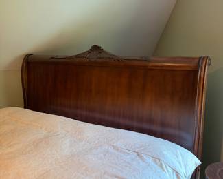 J132 - $350. King Sleigh Bed by Pulaski Furniture. Clean Mattress & Box Spring included if you want them! Measures 81" W x 88" L x 62" Tall.