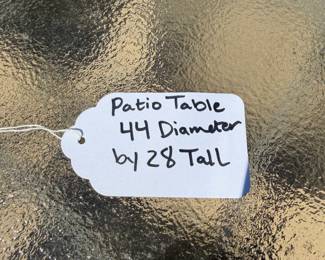J64 - $275. 7 Sunbrella Patio Chairs. Measures 28.25" W x 21.5" D x floor to seat 17.5" x 39" Tall. Patio Table Measures 44" D x 28" Tall.