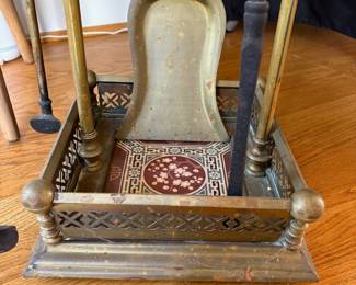 J93 - $35. Vintage Set of Brass Fireplace Tools with Stand. Measures 11" W x 10.5" D x 28.75" Tall.