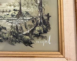 J121 - $75. Original Oil “Swamp Cabin”. Measure 13" W x 15" Tall.