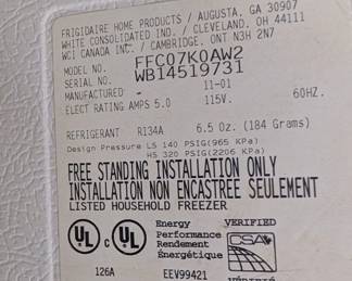 J41 - $100. Fridgidaire Chest Freezer. 7.0 Cubic Foot. Model FFC07K0AW2.