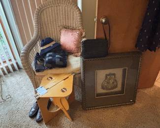 Wicker Chair, Wall Decor, Decorative Pillows, Barry Simpson Rooster by Dirt Road Folding Stool