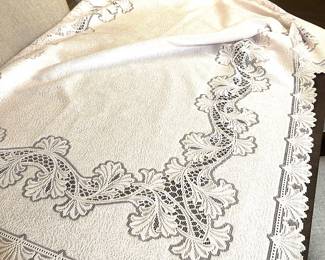 White tablecloth with detailed lace, 74" x 51",  was $20,NOW $12