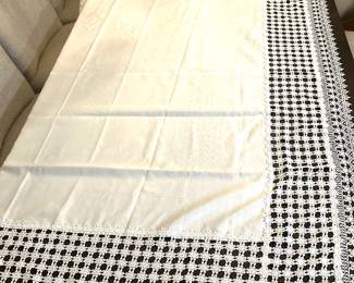 White tablecloth with daisy 9.5" lace trim, 102" x 60",  was $20, NOW $12