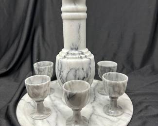 Vtg gray marble decanter and marble tray w/5 glasses, 2 sets available, 12"H,  was $45 each set, NOW $24 each