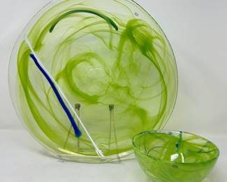 Kosta Boda Art Glass Decorative 14.5"D plate, by Anna Ehrner was $145, NOW $95.  Green bowl, 6"D x 3.25"H, was $50, NOW $34