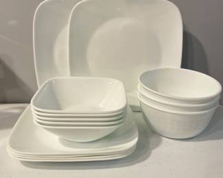 White Corelle dish set, 3 bowls, 5 square bowls, 4 salad, 2 dinner,  was $30, NOW $20