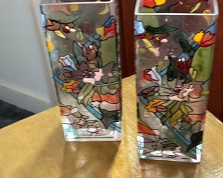 Pair of Joan Baker Designs Hand Painted Stained Glass Style Vases