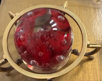 Vintage Red Floral Art Glass Paperweight with Brass Stand