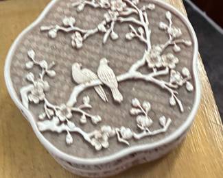 Ivory Dynasty Carved Resin Trinket Box with Birds and Cherry Blossoms