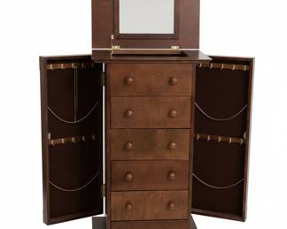 Traditional Wooden Jewelry Armoire with 5 Drawers, 2 Doors, and Flip Top Mirror