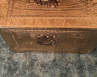 Vintage Embossed Brass Tavern Scene Coal Box