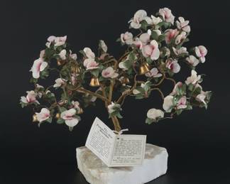 Vintage Prosperity Bells Brass Wire Tree with Silk Flowers and Stone Base