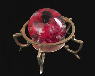 Art Glass Paperweight with Red Floral Inclusions on Brass Stand