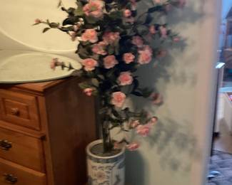 Artificial Rose Topiary in Blue and White Ceramic Umbrella Stand