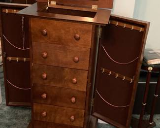 Traditional Wooden Jewelry Armoire with 5 Drawers, 2 Doors, and Flip Top Mirror