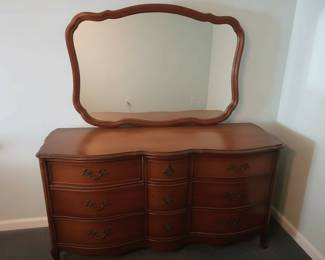 Drexel French Provincial Serpentine Nine-Drawer Dresser with Mirror