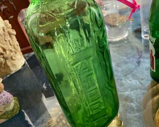 Vintage Green Glass 'WATER' Embossed Refrigerator Bottle