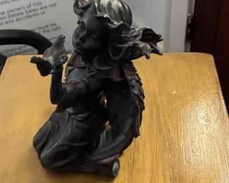 Kneeling Angel Figurine with Bird, Bronze Finish